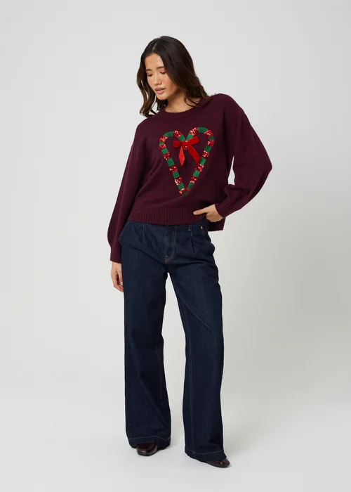 Brave Soul Burgundy Sequin Candy Cane Christmas Jumper - XS Image 3