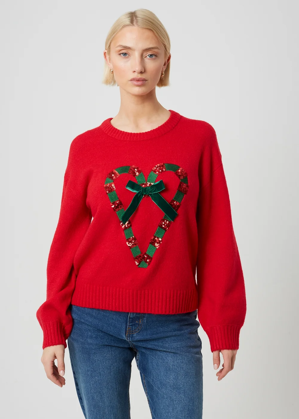 Brave Soul Red Sequin Candy Cane Christmas Jumper - S Image 1