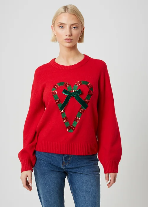 Brave Soul Red Sequin Candy Cane Christmas Jumper - S Image 1