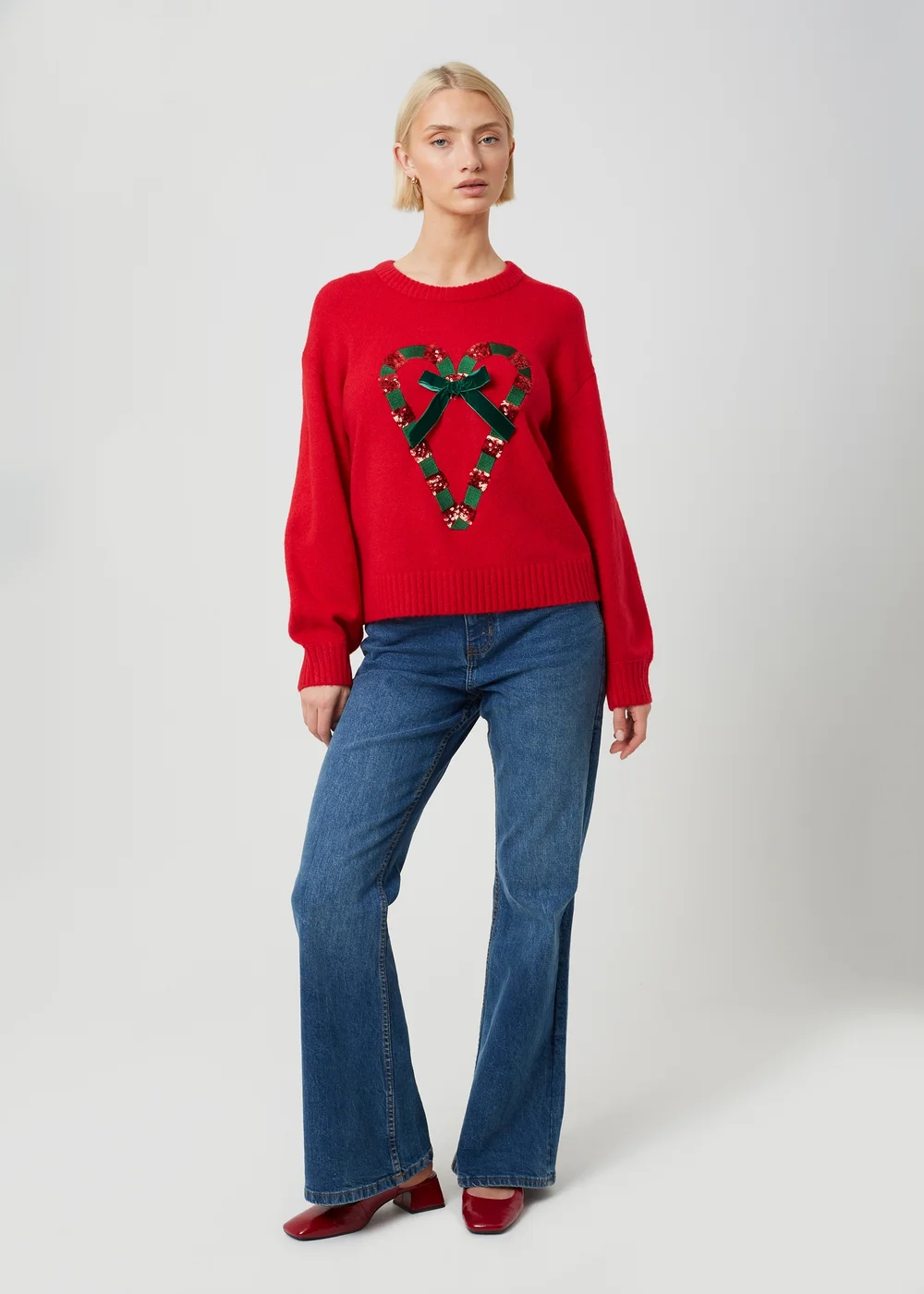 Brave Soul Red Sequin Candy Cane Christmas Jumper - S Image 3