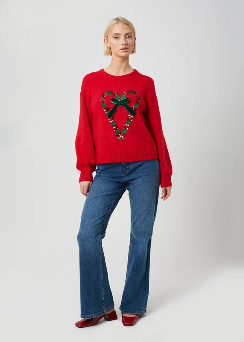 Brave Soul Red Sequin Candy Cane Christmas Jumper - S Image 3