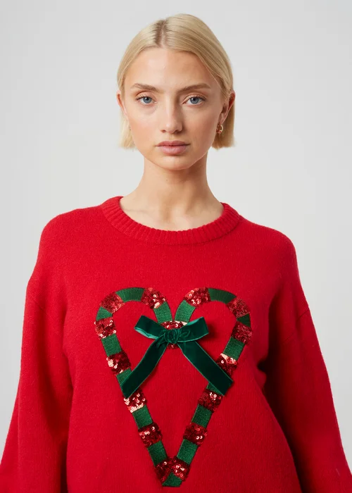 Brave Soul Red Sequin Candy Cane Christmas Jumper - S Image 4