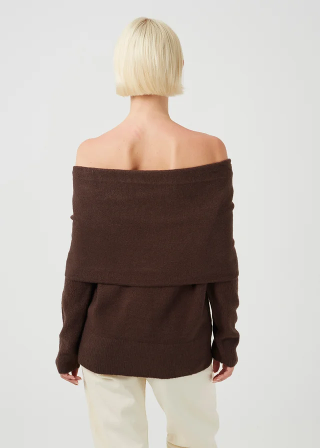 Brave Soul Chocolate Off-The-Shoulder Fold Over Jumper