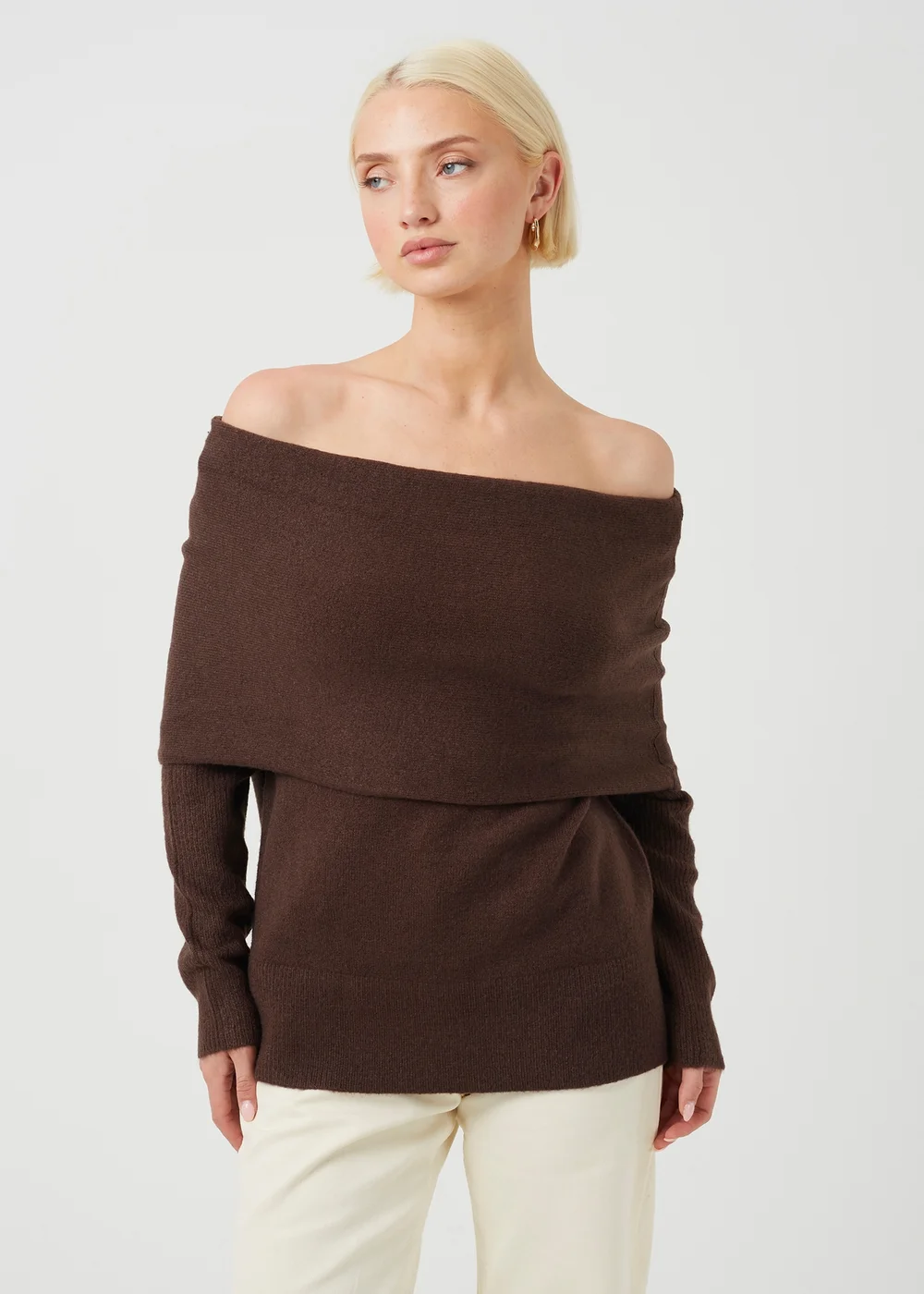 Brave Soul Chocolate Off-The-Shoulder Fold Over Jumper - XS Image 1