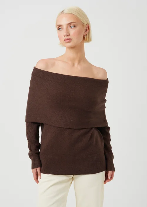 Brave Soul Chocolate Off-The-Shoulder Fold Over Jumper - XS Image 1