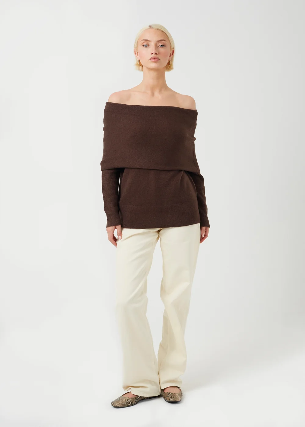 Brave Soul Chocolate Off-The-Shoulder Fold Over Jumper - XS Image 3