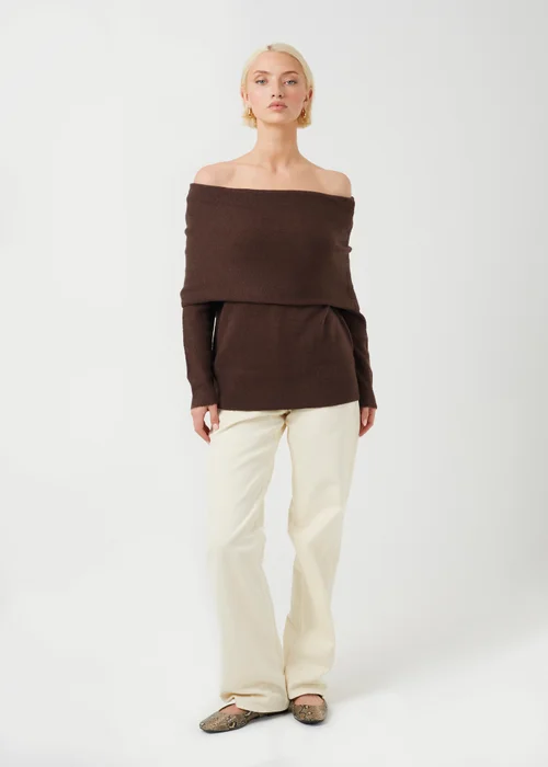 Brave Soul Chocolate Off-The-Shoulder Fold Over Jumper - XS Image 3