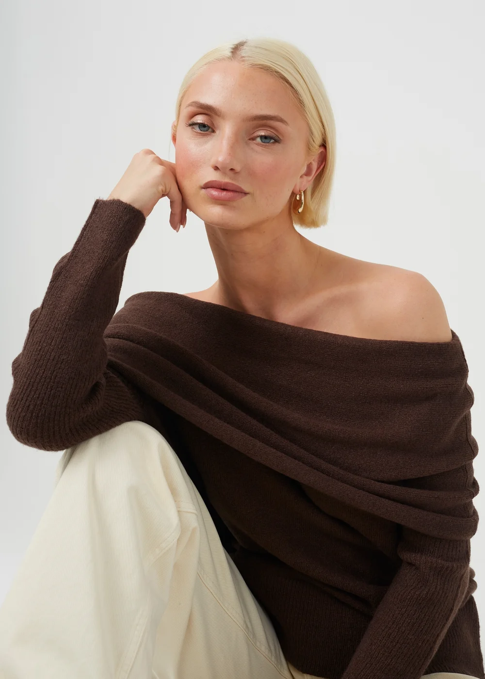 Brave Soul Chocolate Off-The-Shoulder Fold Over Jumper - XS Image 4