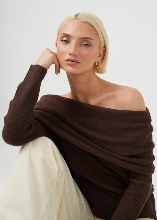 Brave Soul Chocolate Off-The-Shoulder Fold Over Jumper - XS Image 4
