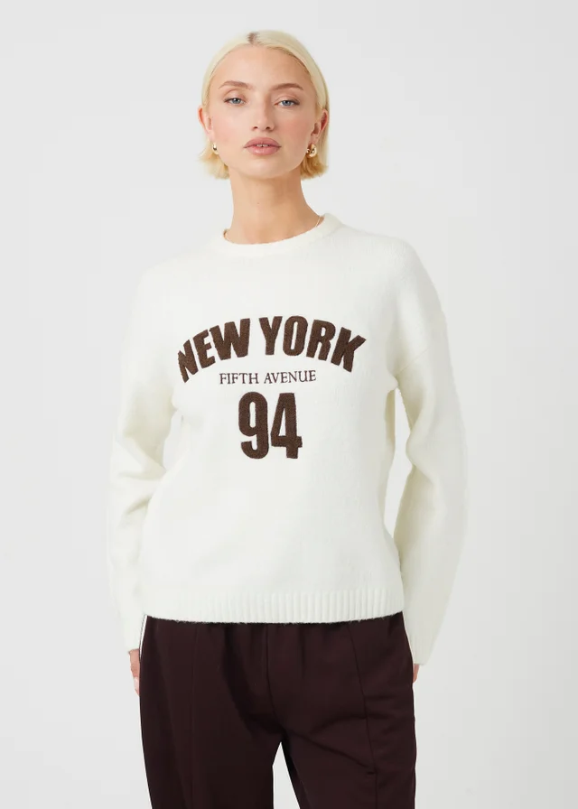 Brave Soul Cream Crew Neck Boucle Slogan Jumper