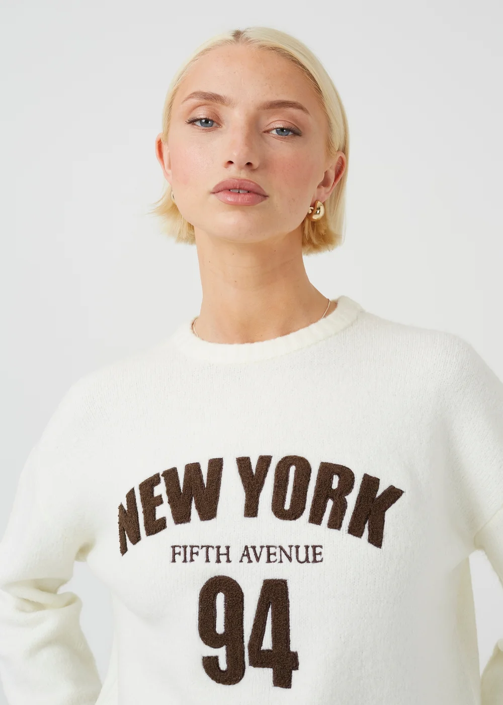 Brave Soul Cream Crew Neck Boucle Slogan Jumper - M Image 4