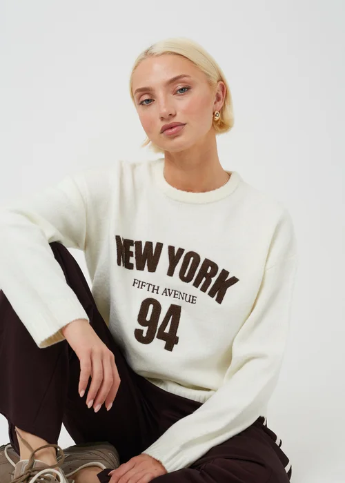 Brave Soul Cream Crew Neck Boucle Slogan Jumper - M Image 5