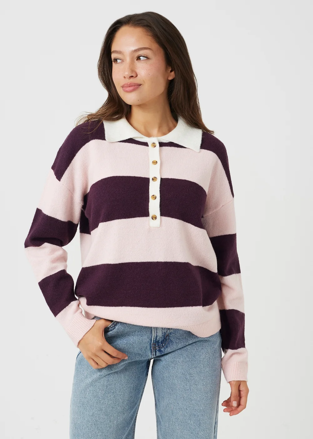 Brave Soul Pink Polo Neck Stripe Jumper - XS Image 1