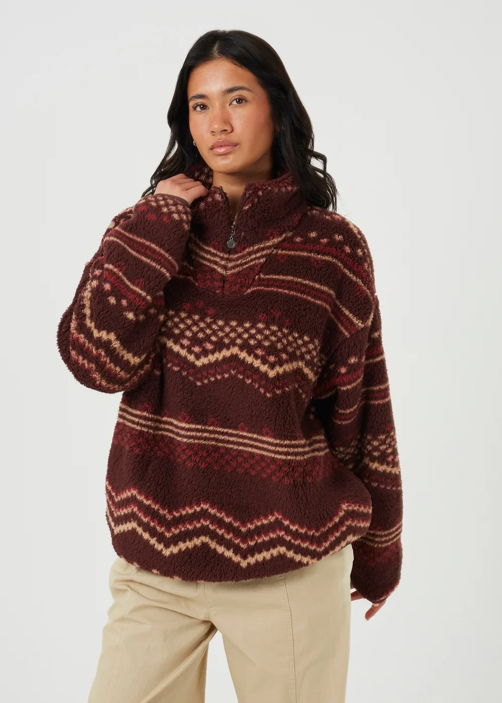 Brave Soul Burgundy Sherpa Fleece Geometric Print Sweatshirt - XS Image 1