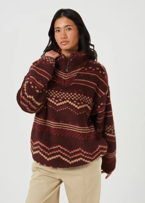 Brave Soul Burgundy Sherpa Fleece Geometric Print Sweatshirt - XS Image 1