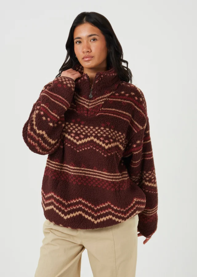 Brave Soul Burgundy Sherpa Fleece Geometric Print Sweatshirt