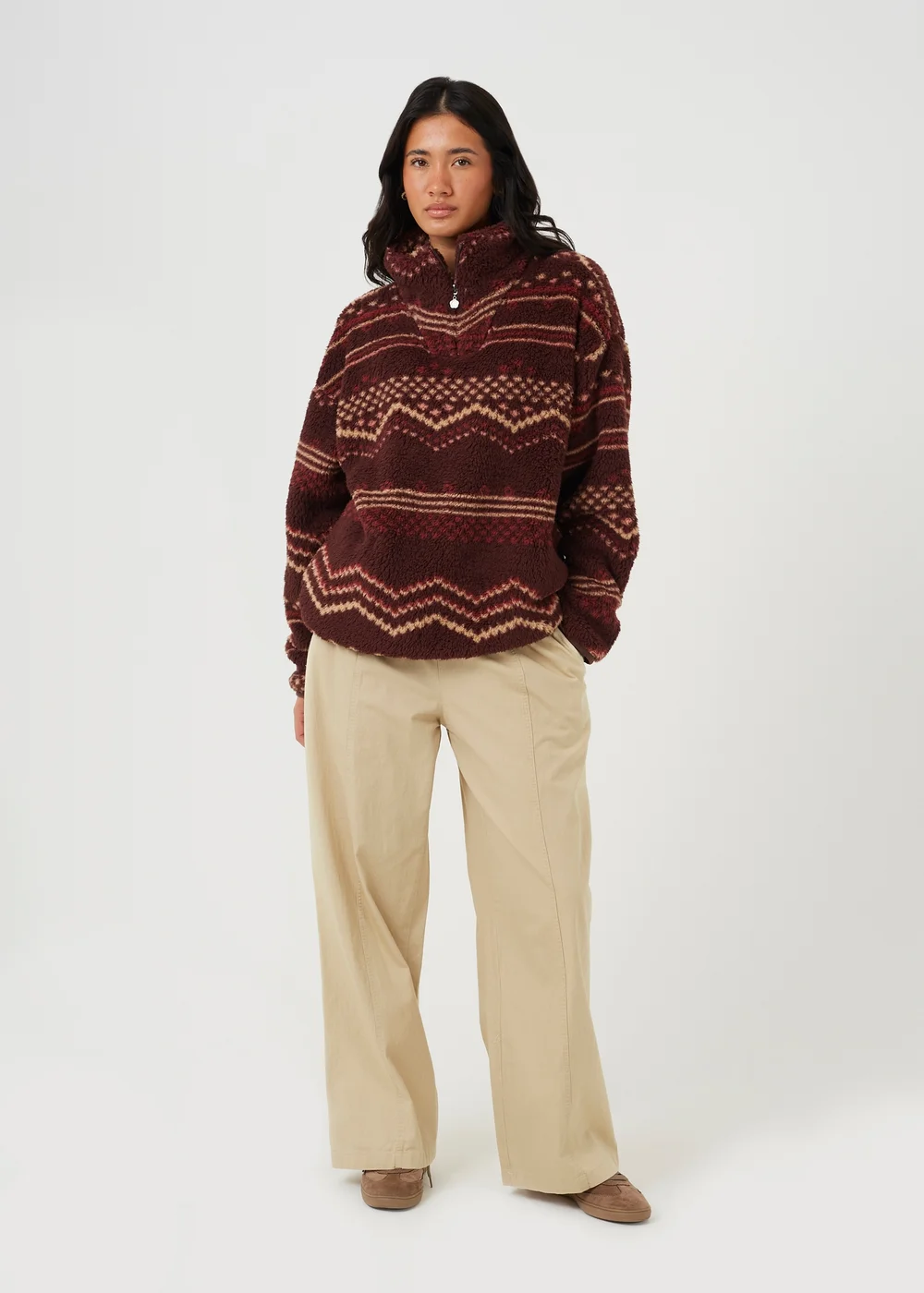 Brave Soul Burgundy Sherpa Fleece Geometric Print Sweatshirt - XS Image 3