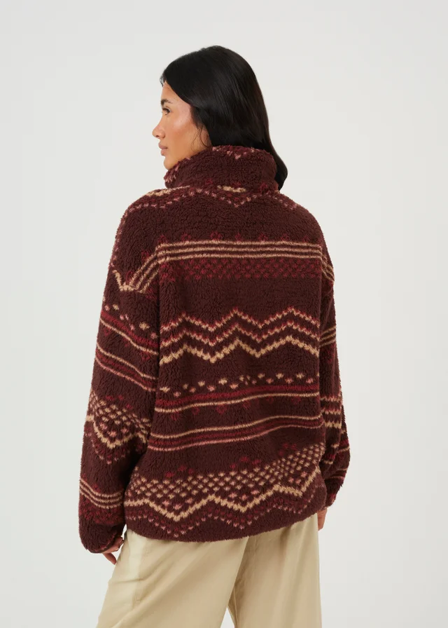 Brave Soul Burgundy Sherpa Fleece Geometric Print Sweatshirt