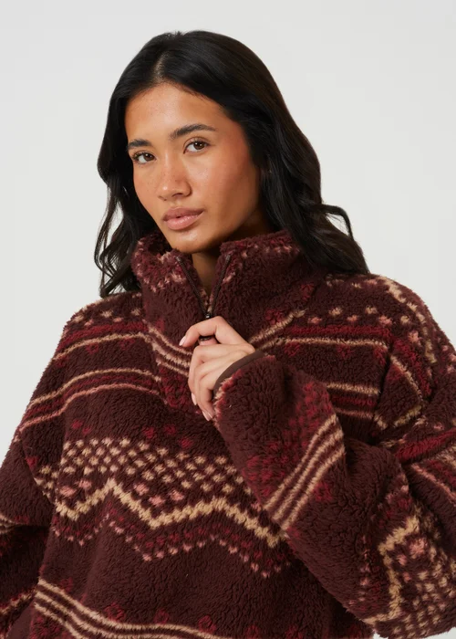 Brave Soul Burgundy Sherpa Fleece Geometric Print Sweatshirt - XS Image 4
