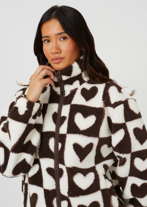 Brave Soul Brown Sherpa Fleece Heart Print Sweatshirt - L Image 4