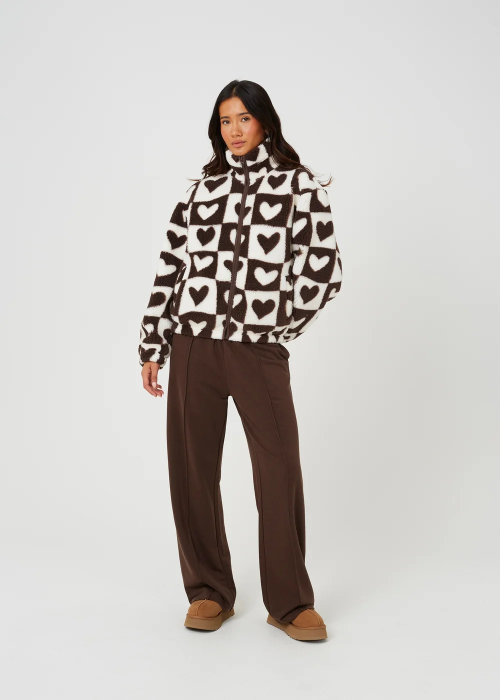 Brave Soul Brown Sherpa Fleece Heart Print Sweatshirt - L Image 3