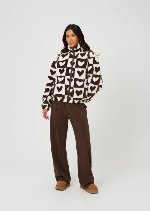 Brave Soul Brown Sherpa Fleece Heart Print Sweatshirt - L Image 3
