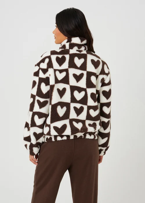 Brave Soul Brown Sherpa Fleece Heart Print Sweatshirt - L Image 2