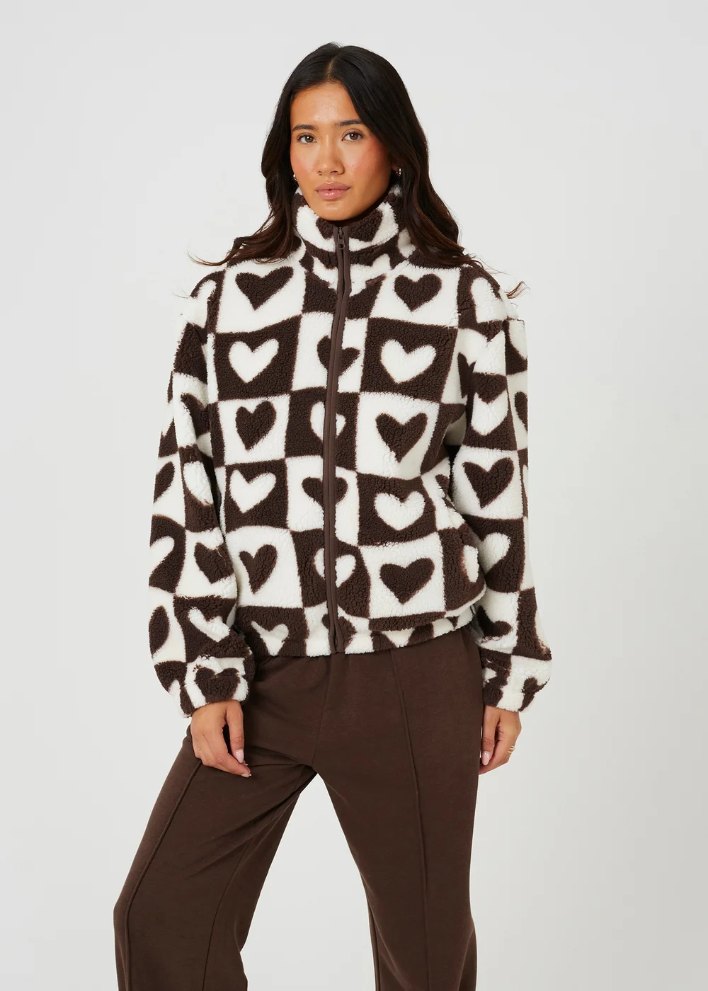 Brave Soul Brown Sherpa Fleece Heart Print Sweatshirt - L Image 1