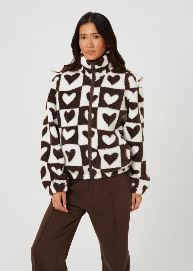 Brave Soul Brown Sherpa Fleece Heart Print Sweatshirt