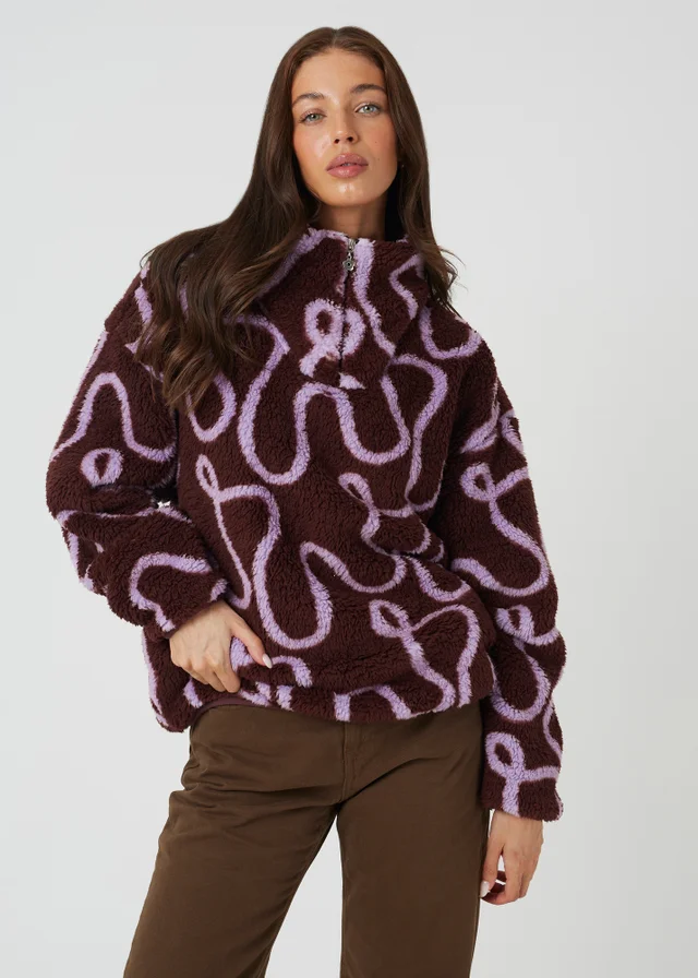 Brave Soul Mauve Sherpa Fleece Squiggle Print Sweatshirt