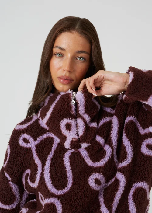 Brave Soul Mauve Sherpa Fleece Squiggle Print Sweatshirt - L Image 4