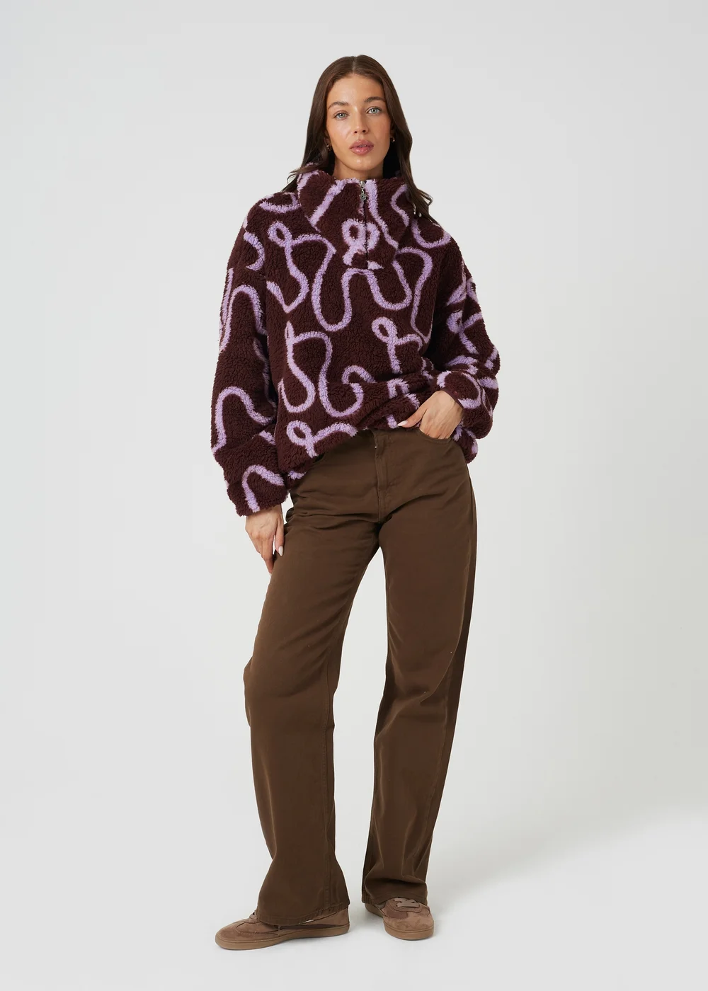Brave Soul Mauve Sherpa Fleece Squiggle Print Sweatshirt - L Image 3