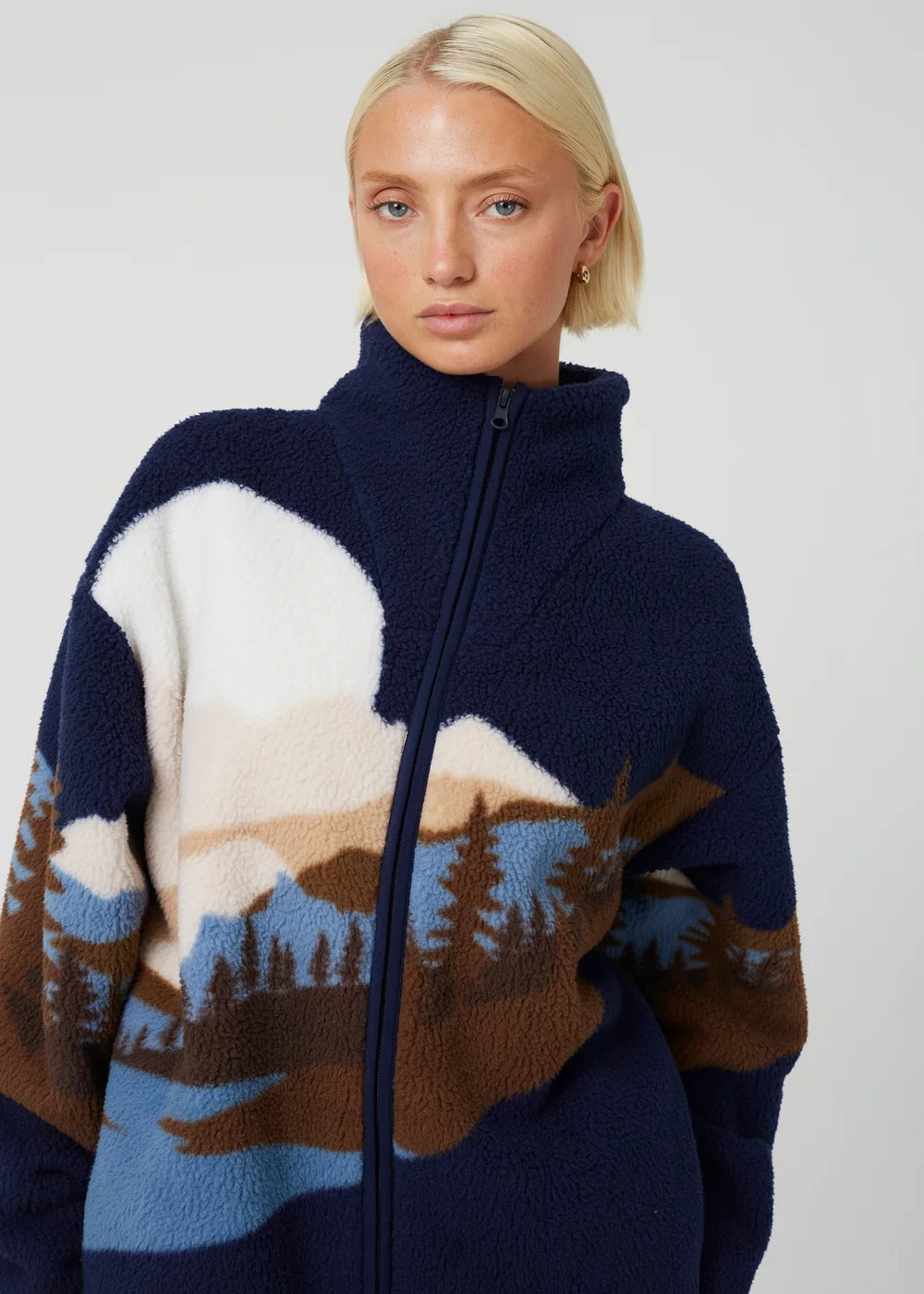 Brave Soul Navy Sherpa Fleece Landscape Print Zip Sweatshirt - XS Image 4