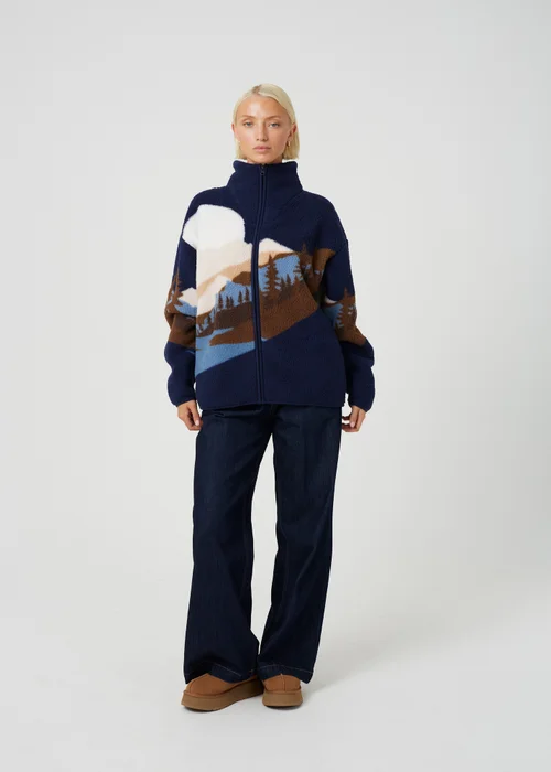 Brave Soul Navy Sherpa Fleece Landscape Print Zip Sweatshirt - XS Image 3