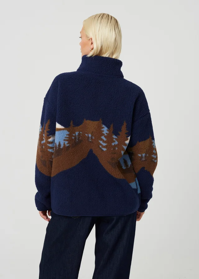 Brave Soul Navy Sherpa Fleece Landscape Print Zip Sweatshirt