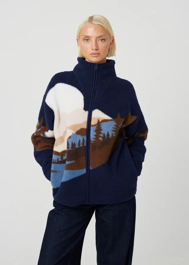 Brave Soul Navy Sherpa Fleece Landscape Print Zip Sweatshirt