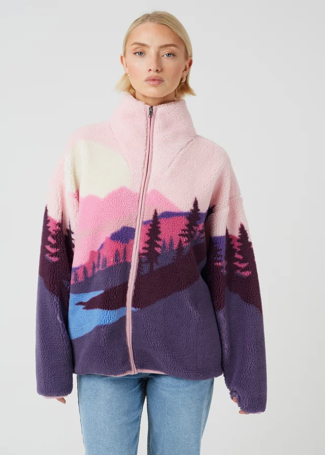Brave Soul Pink Sherpa Fleece Landscape Print Zip Sweatshirt