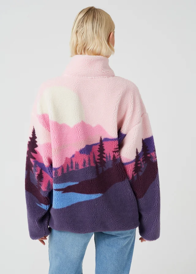 Brave Soul Pink Sherpa Fleece Landscape Print Zip Sweatshirt