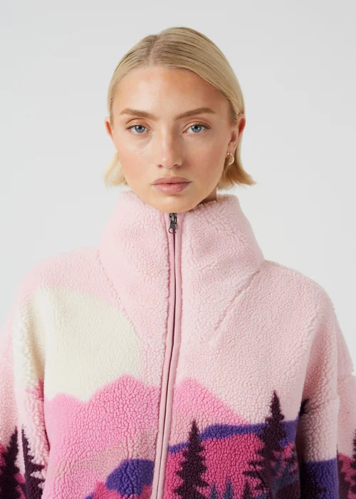 Brave Soul Pink Sherpa Fleece Landscape Print Zip Sweatshirt - XS Image 4