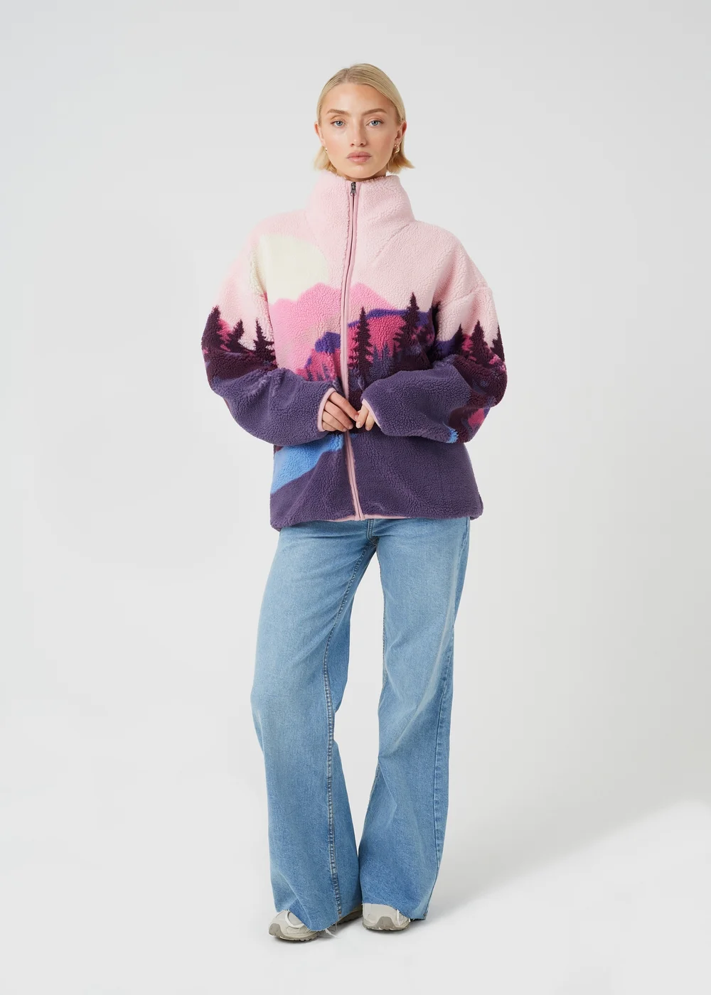 Brave Soul Pink Sherpa Fleece Landscape Print Zip Sweatshirt - XS Image 3