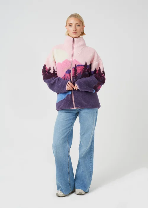Brave Soul Pink Sherpa Fleece Landscape Print Zip Sweatshirt - XS Image 3