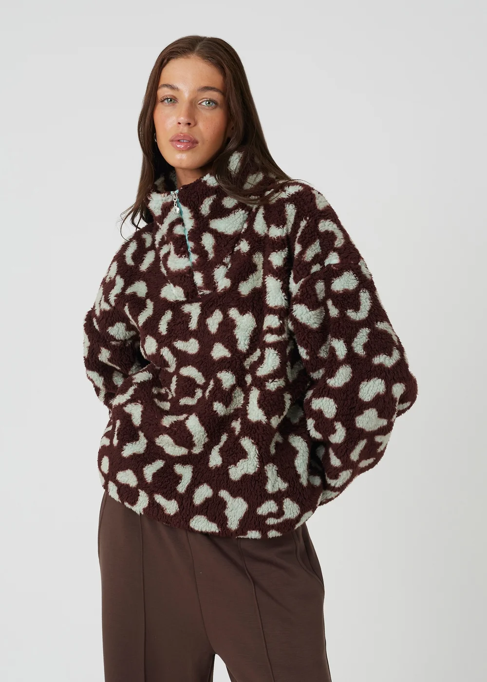 Brave Soul Brown Sherpa Fleece Animal Print Sweatshirt - M Image 1