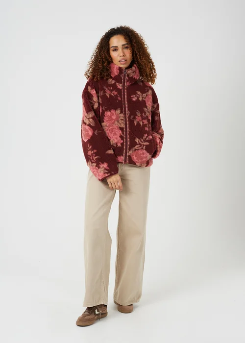 Brave Soul Burgundy Sherpa Fleece Floral Print Sweatshirt - S Image 3