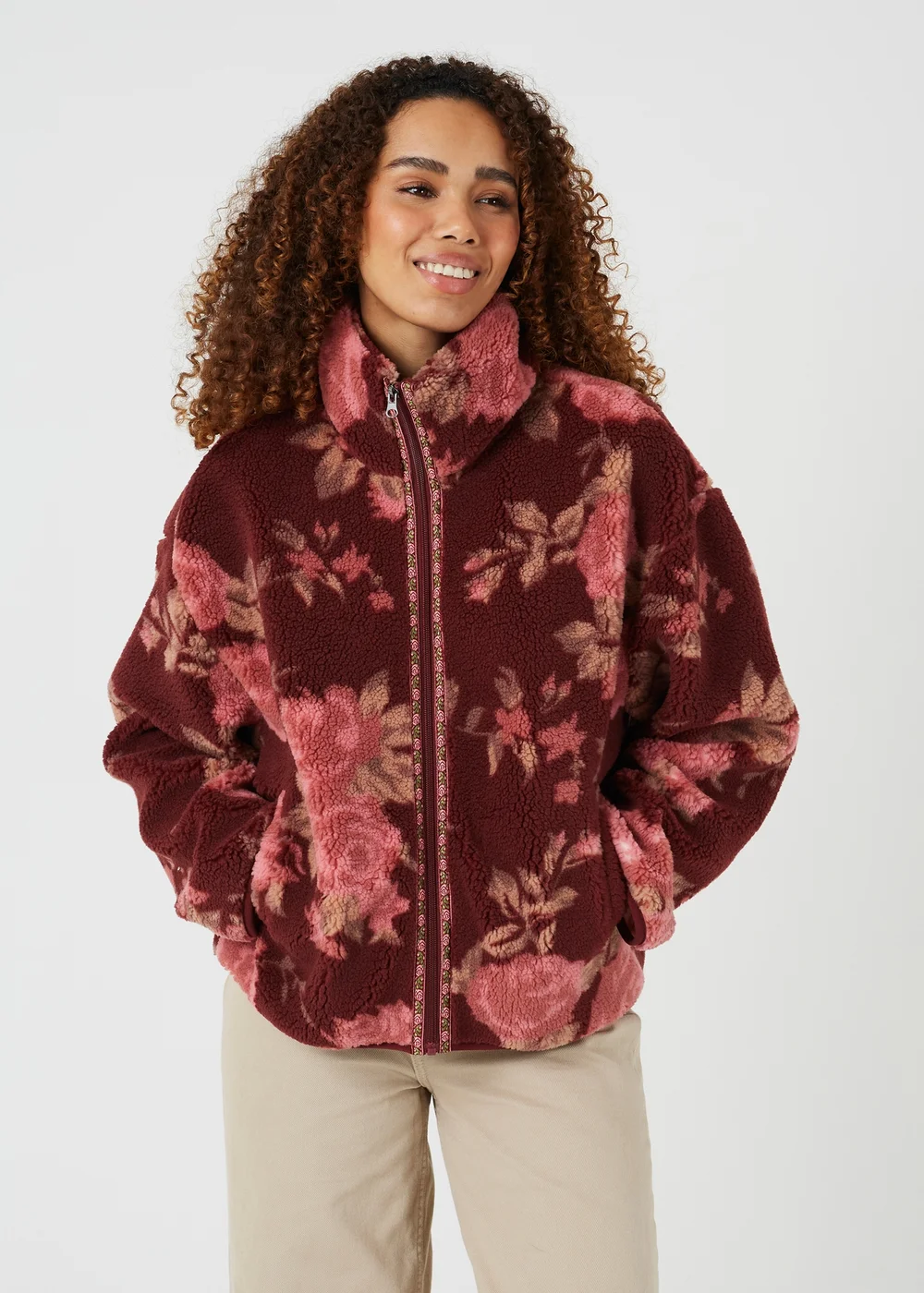 Brave Soul Burgundy Sherpa Fleece Floral Print Sweatshirt - S Image 1