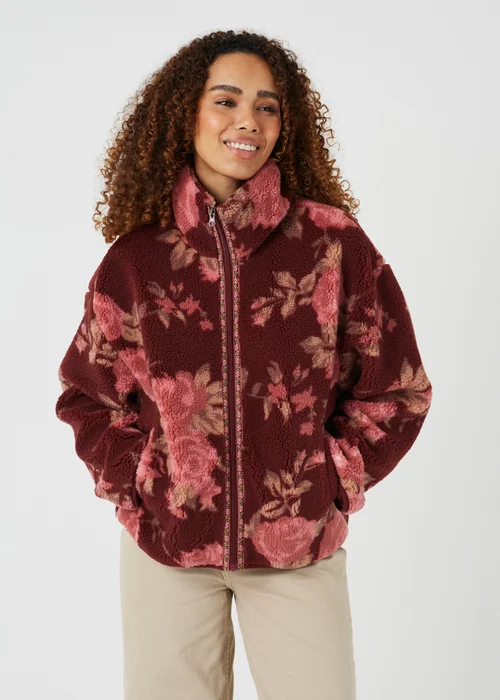 Brave Soul Burgundy Sherpa Fleece Floral Print Sweatshirt - S Image 1
