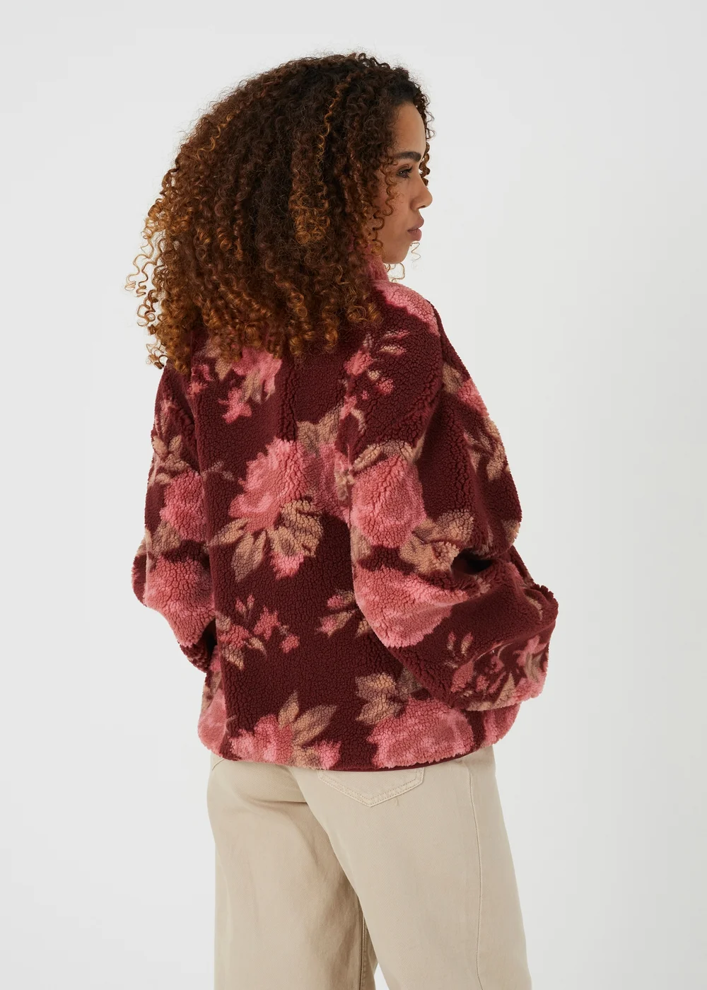 Brave Soul Burgundy Sherpa Fleece Floral Print Sweatshirt - S Image 2