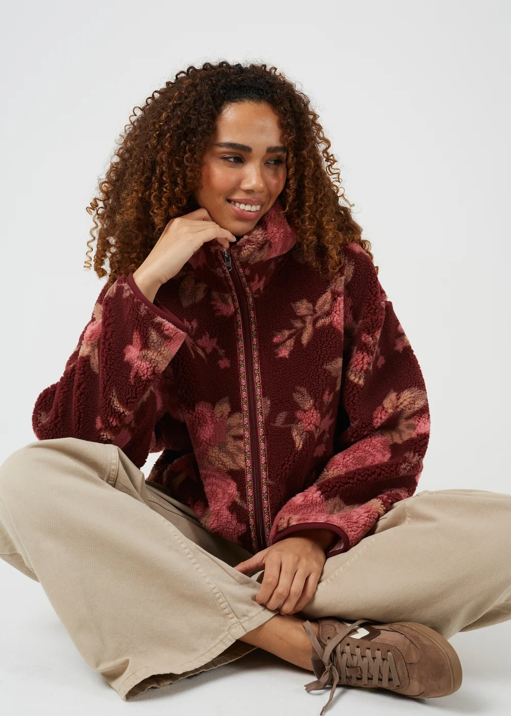 Brave Soul Burgundy Sherpa Fleece Floral Print Sweatshirt - S Image 4