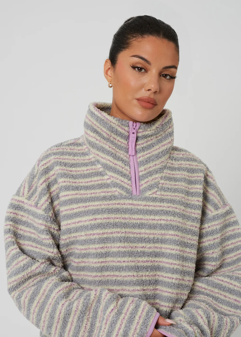 Brave Soul Lilac Sherpa Fleece Striped Print Sweatshirt - XS Image 4