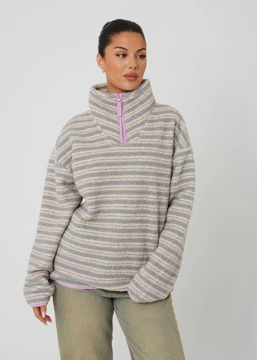 Brave Soul Lilac Sherpa Fleece Striped Print Sweatshirt - XS Image 1