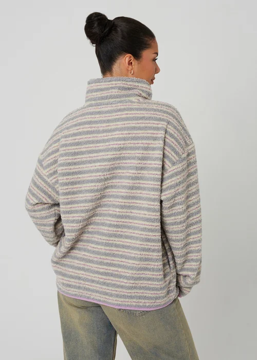 Brave Soul Lilac Sherpa Fleece Striped Print Sweatshirt - XS Image 2